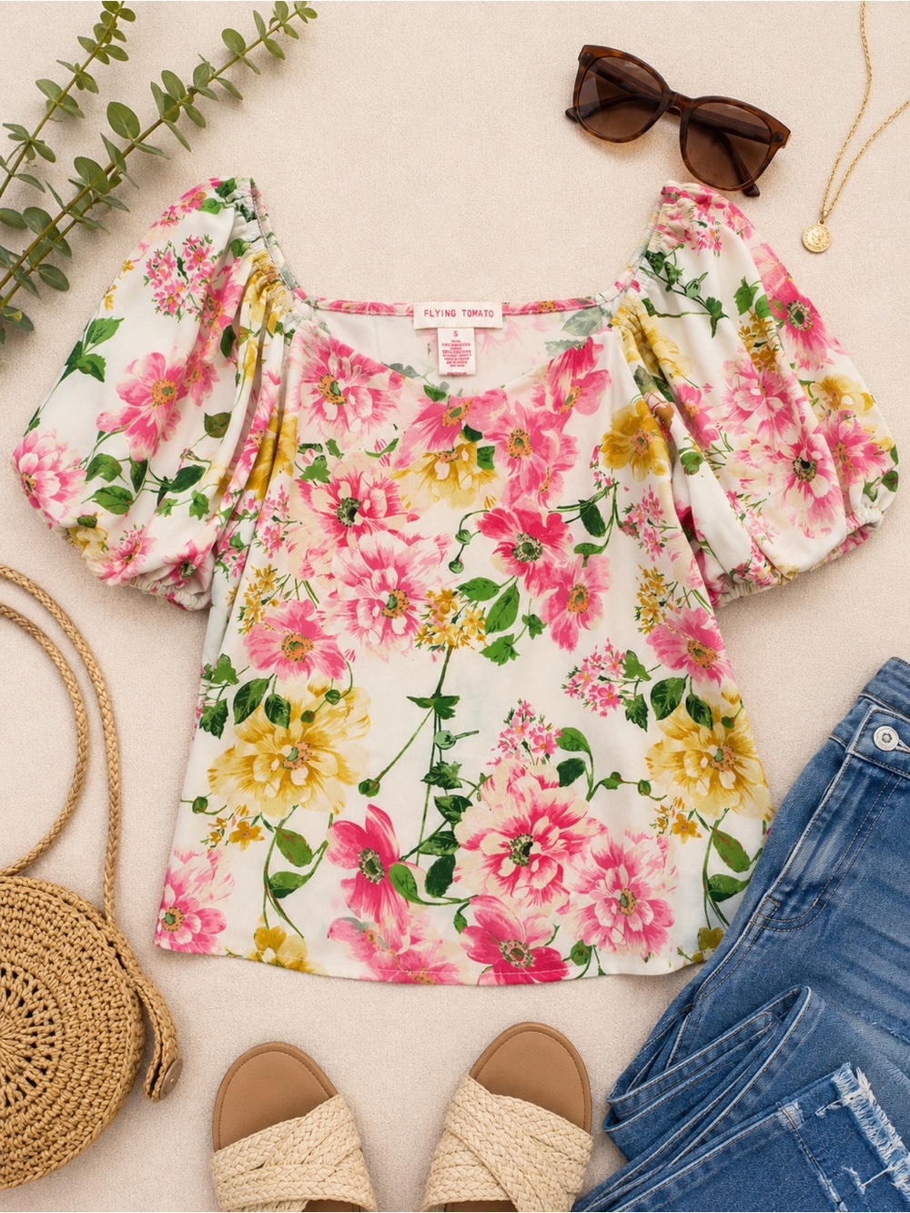 Flying Tomato White Floral Puff Sleeve Blouse with Pink & Yellow Flowers